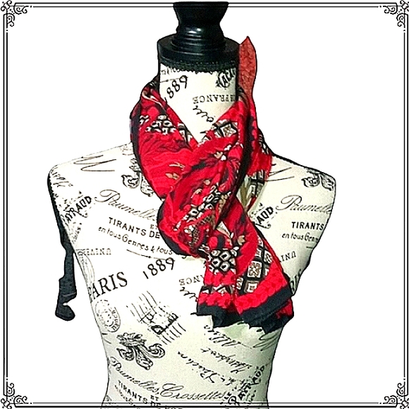 Vintage Red & Black Printed Silky Scarf - Picture 3 of 6